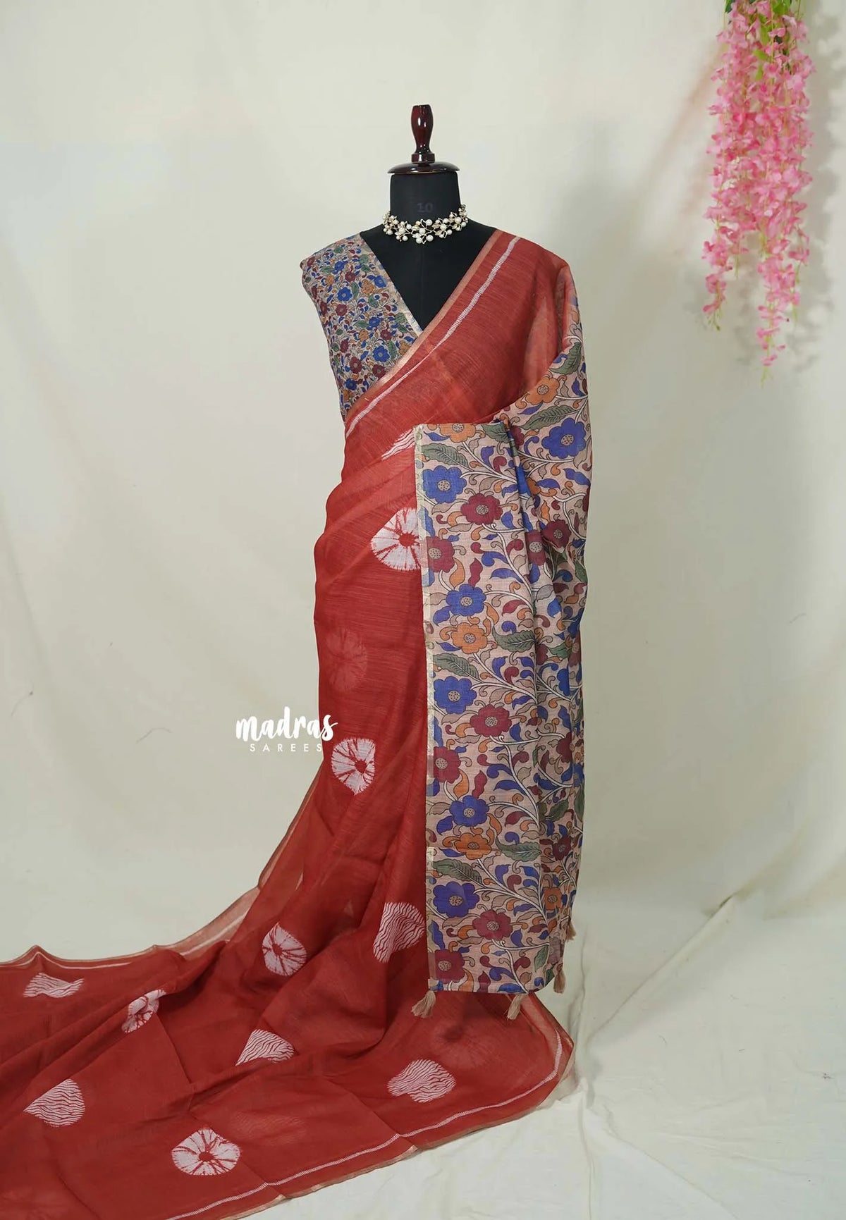 Brick Red - Linen Cotton Saree with Kalamkari Pallu and Blouse - Best for Office Wear | Casual Wear