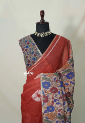Brick Red - Linen Cotton Saree with Kalamkari Pallu and Blouse - Best for Office Wear | Casual Wear
