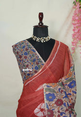 Brick Red - Linen Cotton Saree with Kalamkari Pallu and Blouse - Best for Office Wear | Casual Wear