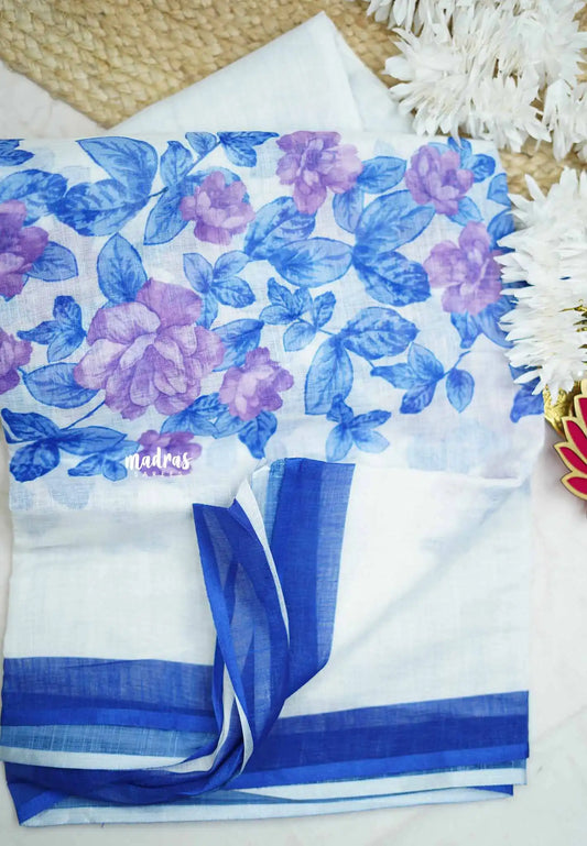 Floral printed linen cotton saree -  White with blue