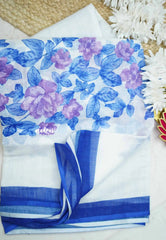 Floral printed linen cotton saree -  White with blue