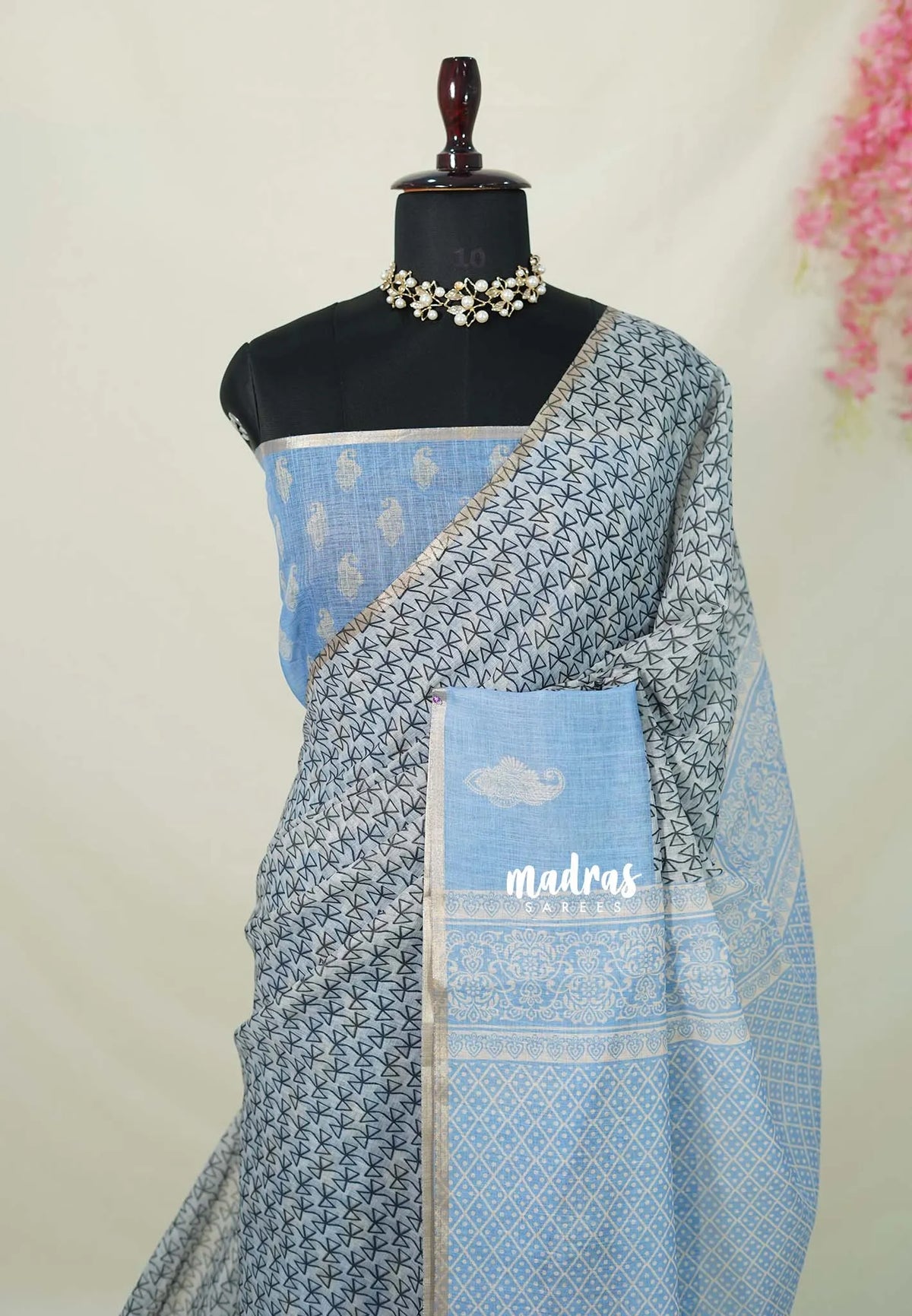Steel Grey with Blue - Linen Cotton Saree with Tiny Zari Border - Best for Office Wear | Casual Wear