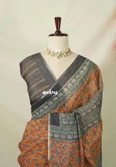 Mustard Orange - Linen Cotton Saree with Bagru Prints  - Best for Office Wear | Casual Wear