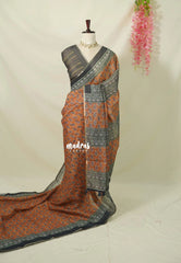 Mustard Orange - Linen Cotton Saree with Bagru Prints  - Best for Office Wear | Casual Wear