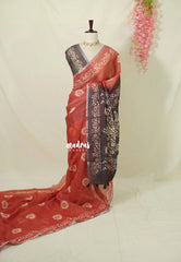 Muted Brick Red - Linen Cotton Saree with Contrast Pallu and Blouse - Best for Office Wear | Casual Wear
