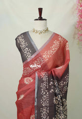 Muted Brick Red - Linen Cotton Saree with Contrast Pallu and Blouse - Best for Office Wear | Casual Wear