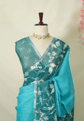 Cyan Blue - Pragathi - Linen Cotton Saree Big Border with Floral Prints - Best for Office Wear | Casual Wear