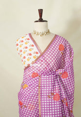 White with Lilac Pink - Linen Cotton Saree Madras Checks with Rose Flower Prints - Best for Office Wear | Casual Wear