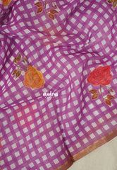 White with Lilac Pink - Linen Cotton Saree Madras Checks with Rose Flower Prints - Best for Office Wear | Casual Wear