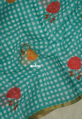 White with Turquoise Blue - Linen Cotton Saree Madras Checks with Rose Flower Prints - Best for Office Wear | Casual Wear