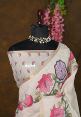 Sandal Beige - Divine Lotus Linen Cotton Saree with Tiny Border - Best for Office Wear