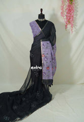 Jet Black - Pragathi - Linen Cotton Saree with Floral Prints Pallu and Blouse - Best for Office Wear | Casual Wear