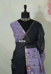 (PRE-BOOKING) Jet Black - Pragathi - Linen Cotton Saree with Floral Prints Pallu and Blouse - Best for Office Wear | Casual Wear