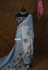 Steel Blue - Soft linen cotton Floral Printed Pallu and Blouse - Perfect for Office Wear