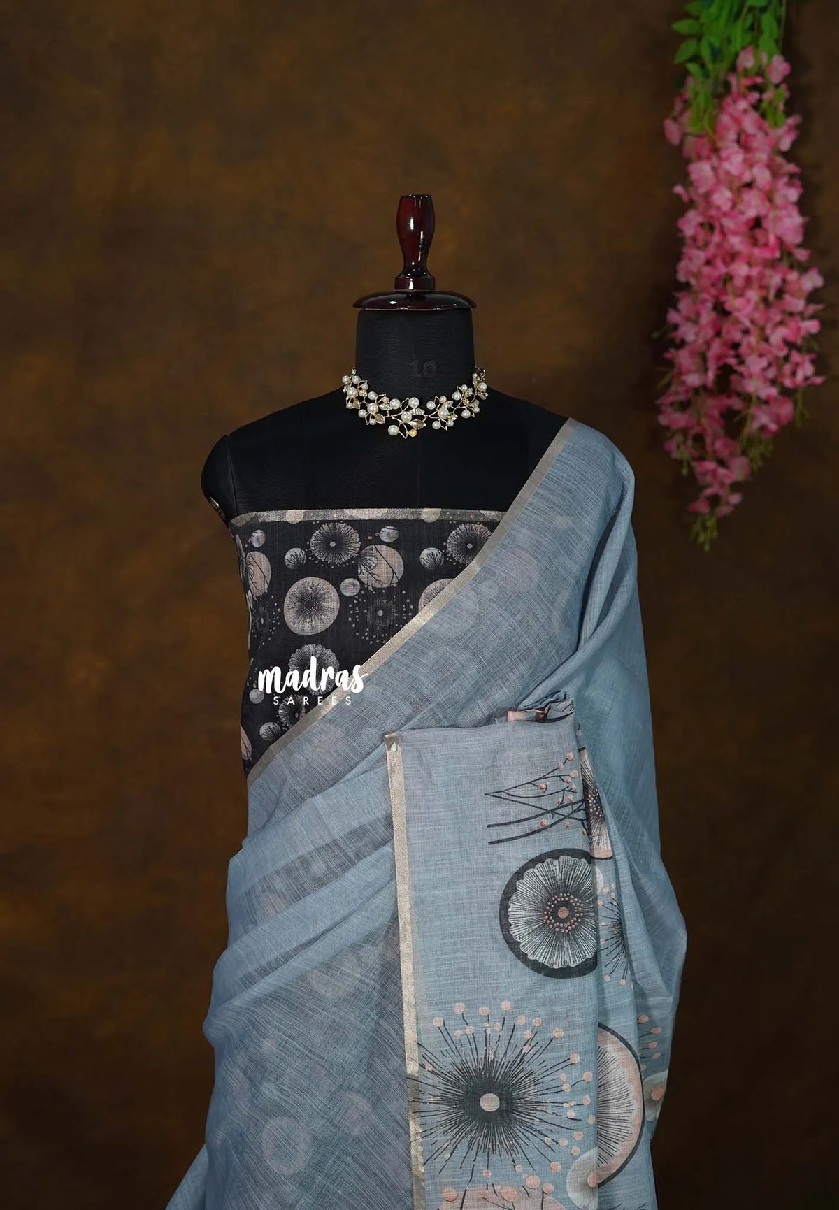 Steel Blue - Soft linen cotton Floral Printed Pallu and Blouse - Perfect for Office Wear