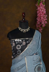 Steel Blue - Soft linen cotton Floral Printed Pallu and Blouse - Perfect for Office Wear