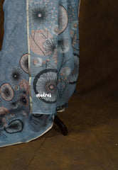 Steel Blue - Soft linen cotton Floral Printed Pallu and Blouse - Perfect for Office Wear