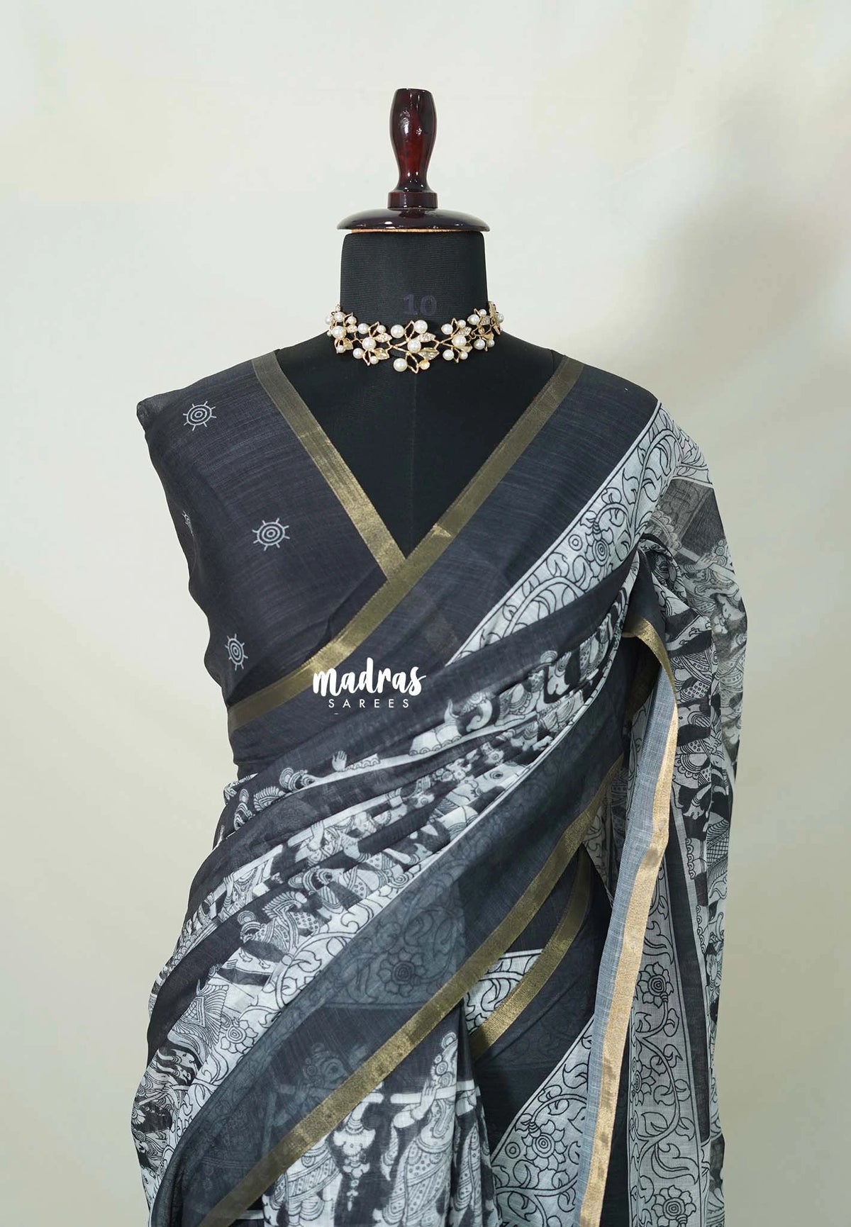 Black and White - Pragathi - Linen Cotton Saree Kalamkari Kalahasthi Prints - Best for Office Wear | Casual Wear