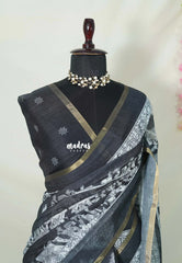 Black and White - Pragathi - Linen Cotton Saree Kalamkari Kalahasthi Prints - Best for Office Wear | Casual Wear