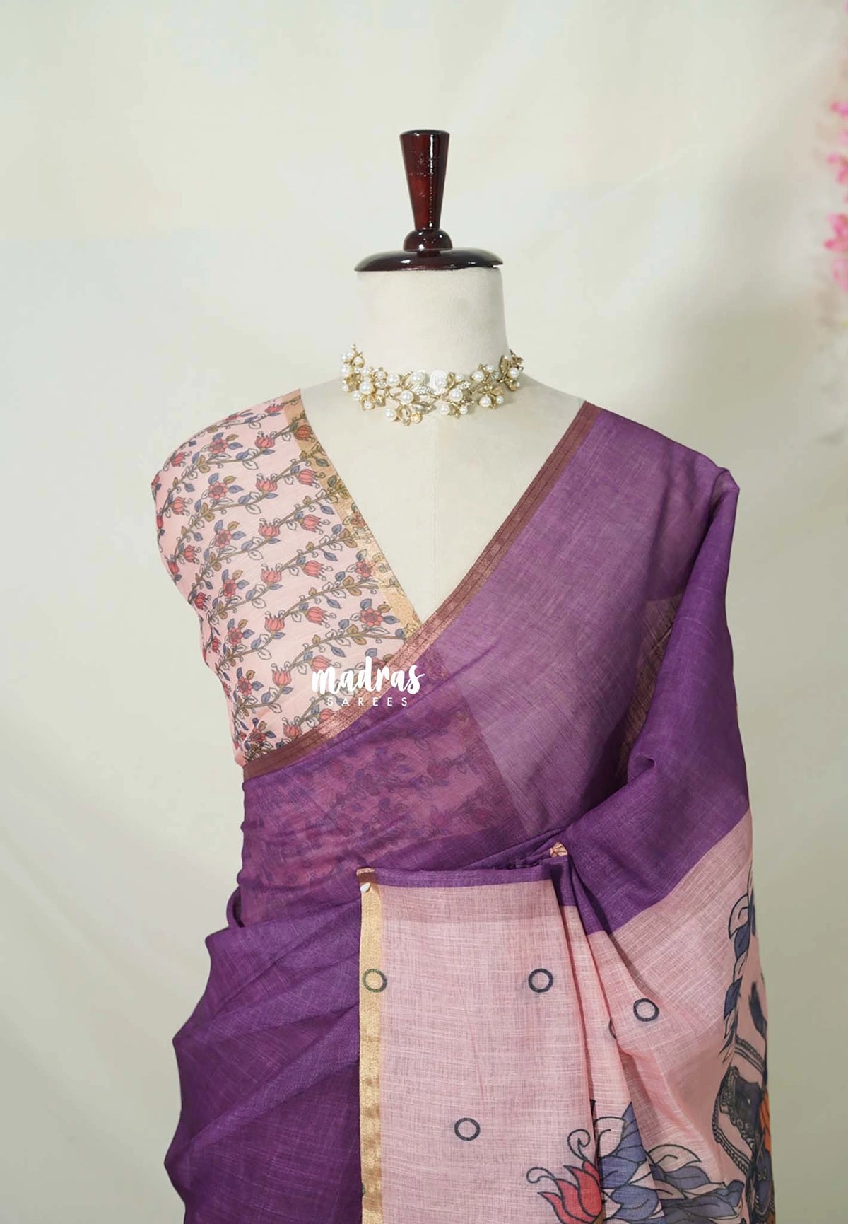 Jamun Purple - Pragathi - Linen Cotton Saree with Kalamkari Pallu and Blouse - Best for Office Wear | Casual Wear