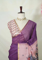 Jamun Purple - Pragathi - Linen Cotton Saree with Kalamkari Pallu and Blouse - Best for Office Wear | Casual Wear