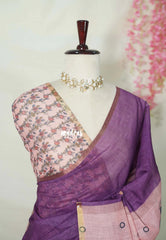 Jamun Purple - Pragathi - Linen Cotton Saree with Kalamkari Pallu and Blouse - Best for Office Wear | Casual Wear