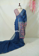Indigo Blue - Pragathi - Linen Cotton Saree with Kalamkari Pallu and Blouse - Best for Office Wear | Casual Wear