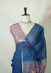 Indigo Blue - Pragathi - Linen Cotton Saree with Kalamkari Pallu and Blouse - Best for Office Wear | Casual Wear