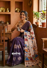 (PRE-BOOKING) Wine Plum Purple - Linen Cotton Saree with Kalamkari Pallu and Blouse - Best for Office Wear | Casual Wear
