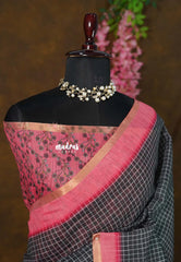 Black - Linen Cotton Saree Checks Body with Small Border - Best for Office Wear