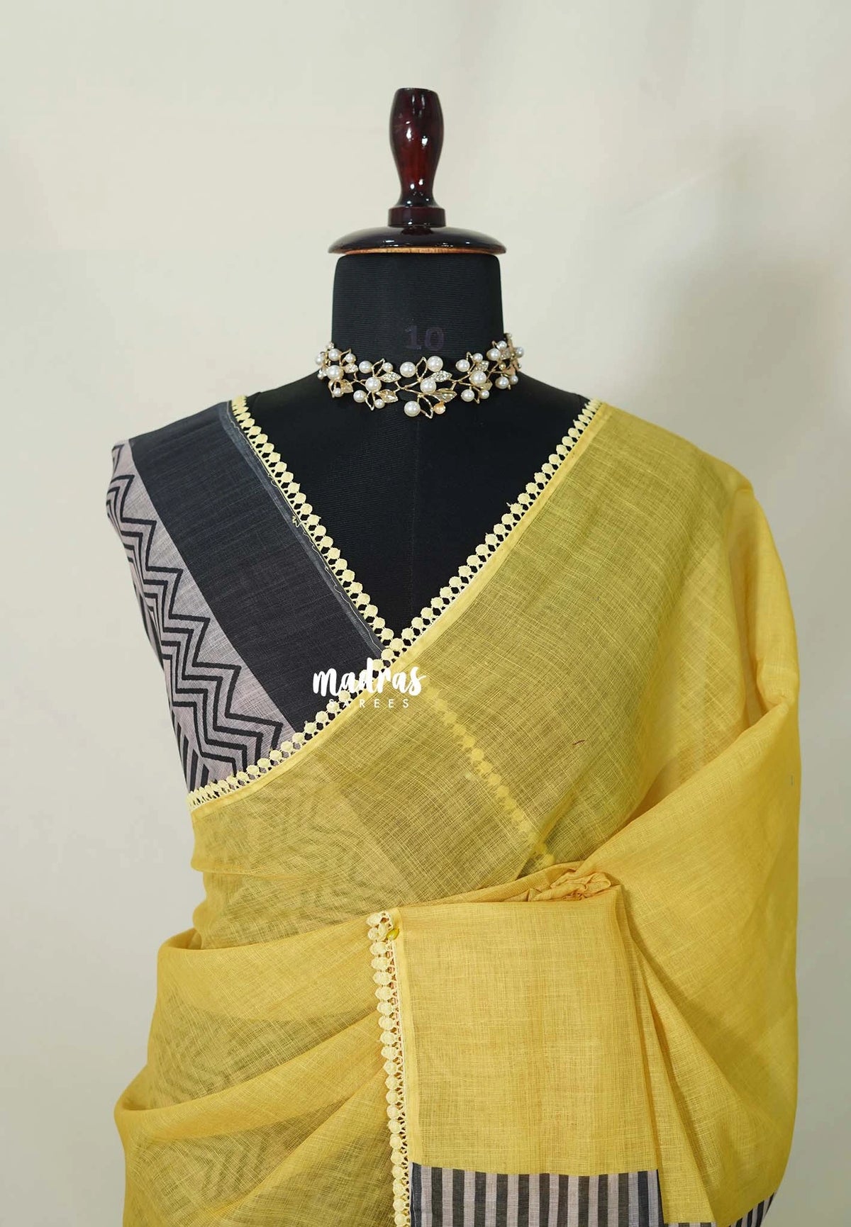 Lemon Yellow with Lace - Pragathi - Linen Cotton Saree with Stripes Prints in Pallu and Blouse - Best for Office Wear | Casual Wear