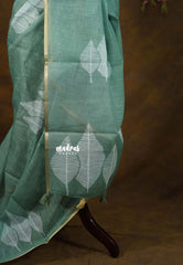 Earthy Seafoam Green - Linen Cotton Saree with Leaf Print with Tiny Border - Best for Office Wear