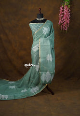 Earthy Seafoam Green - Linen Cotton Saree with Leaf Print with Tiny Border - Best for Office Wear