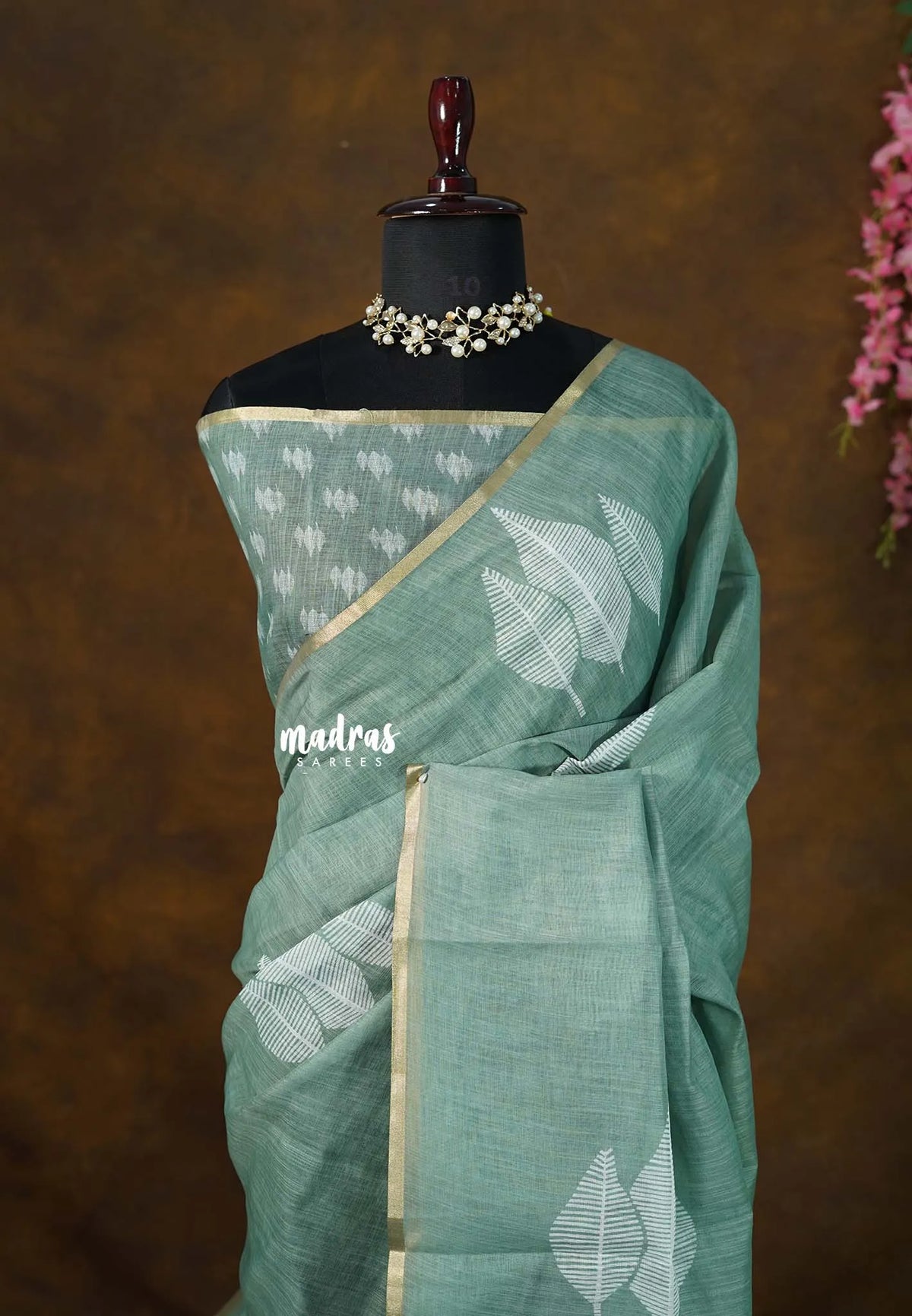 Earthy Seafoam Green - Linen Cotton Saree with Leaf Print with Tiny Border - Best for Office Wear