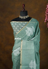 Earthy Seafoam Green - Linen Cotton Saree with Leaf Print with Tiny Border - Best for Office Wear