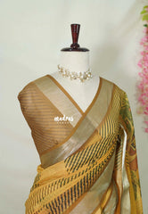 Mustard Yellow - Linen Cotton Saree Modern Print with Tissue Border - Perfect for Office Wear | Summer wear | Casual Wear