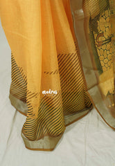 Mustard Yellow - Linen Cotton Saree Modern Print with Tissue Border - Perfect for Office Wear | Summer wear | Casual Wear
