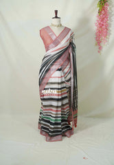 Blush Spectrum - Linen Cotton Saree Modern Print with Tissue Border - Perfect for Office Wear | Summer wear | Casual Wear