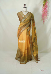 Mustard Yellow - Linen Cotton Saree Modern Print with Tissue Border - Perfect for Office Wear | Summer wear | Casual Wear