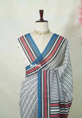 Muted White - Pragathi - Linen Cotton Saree with Modern Stripes Prints - Best for Office Wear | Casual Wear