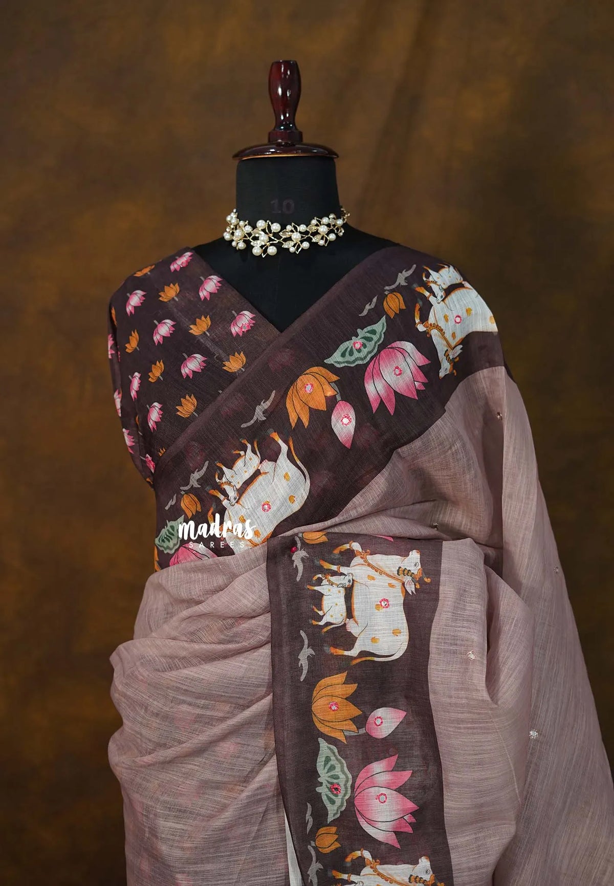 Antique Mauve - Linen Cotton with Pichwai cow Lotus Border with Mirror work - Best for Small Functions