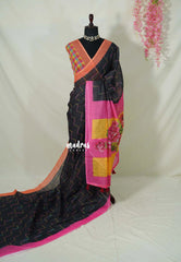 Nightfall Black - Pragathi - Linen Cotton Saree Ganga Jamuna Border with Punch Checks Blouse and Floral Print Pallu - Best for Office Wear | Casual Wear