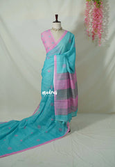 Aqua Blue - Pragathi - Linen Cotton Saree with Buttas Contrast Pallu and Blouse - Best for Office Wear | Casual Wear