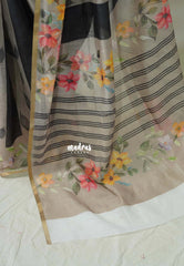 Black with Grey - Linen Cotton Saree with Stripes Floral Design Prints - Perfect for Office Wear | Summer wear | Casual Wear