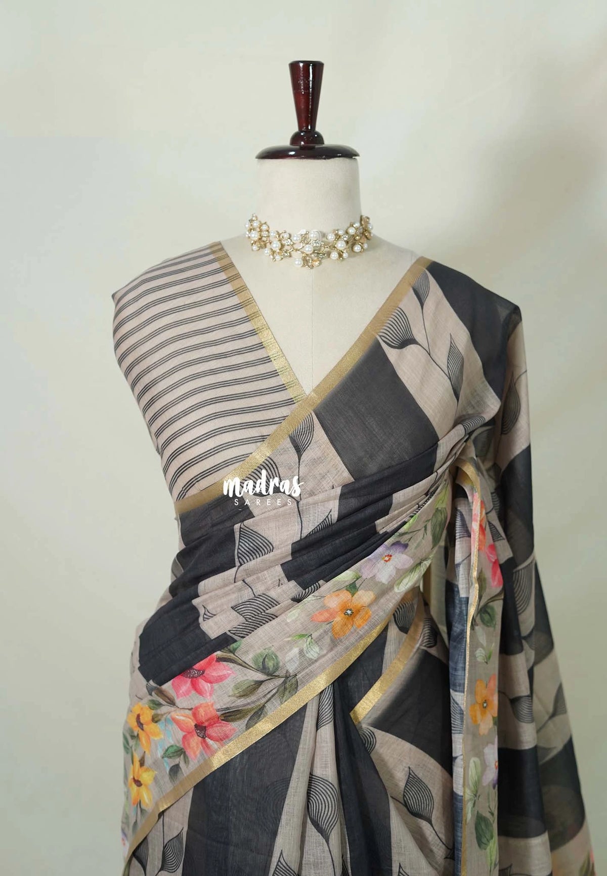 Black with Grey - Linen Cotton Saree with Stripes Floral Design Prints - Perfect for Office Wear | Summer wear | Casual Wear