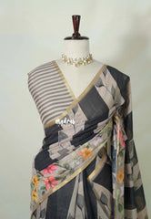 Black with Grey - Linen Cotton Saree with Stripes Floral Design Prints - Perfect for Office Wear | Summer wear | Casual Wear