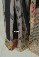 Black with Grey - Linen Cotton Saree with Stripes Floral Design Prints - Perfect for Office Wear | Summer wear | Casual Wear