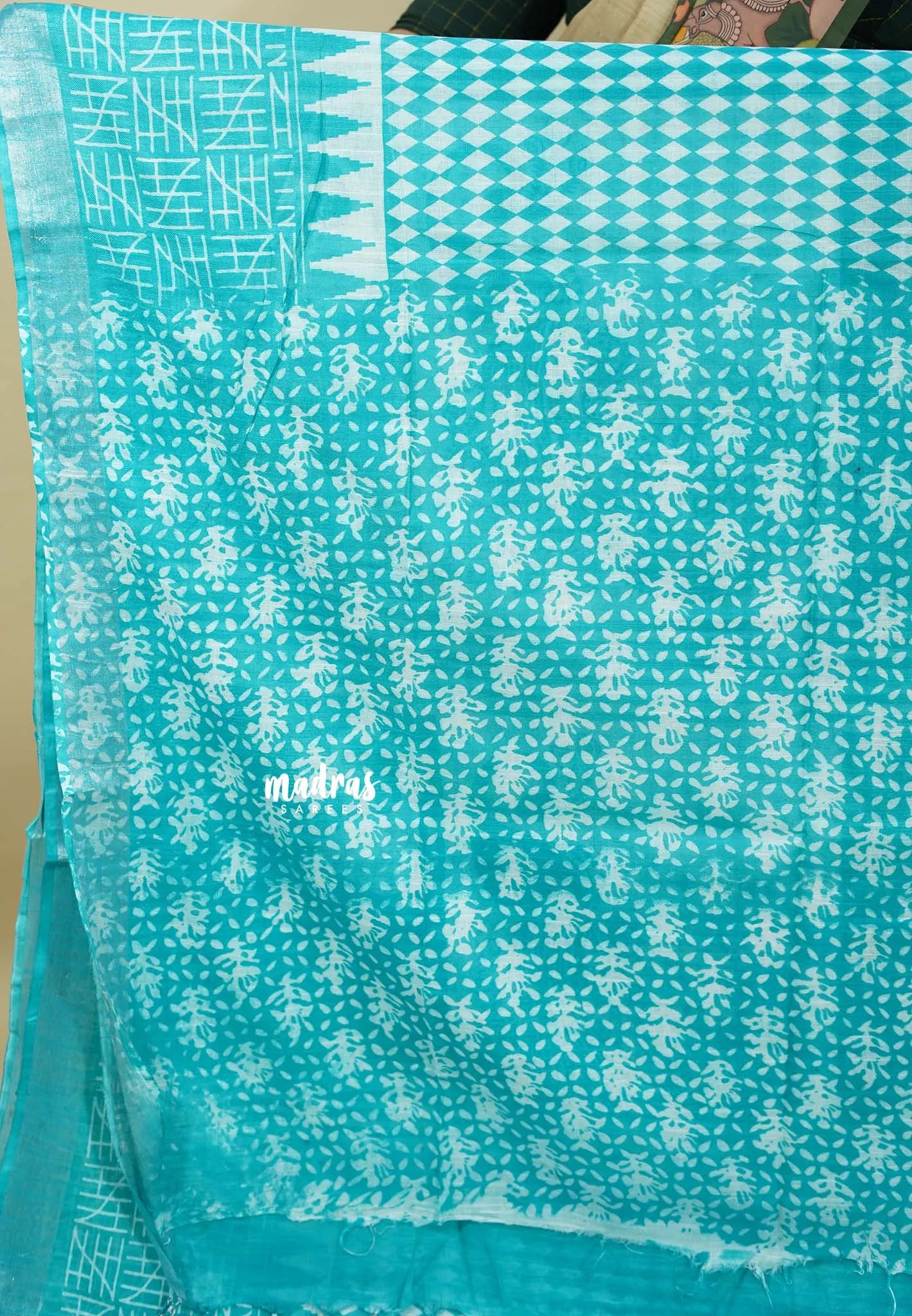 Turquoise Blue - Soft linen cotton Trendy printed saree with Silver Zari Border