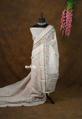 Earthen tone Beige - Linen Cotton Saree with Trible's Print with Tiny Border - Best for Office Wear