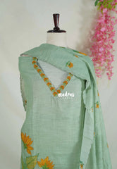 Amitha – Seafoam Green - Premium linen Salwar Suit Semi Stitch Neck with Print + Hand-Stitched Embroidery